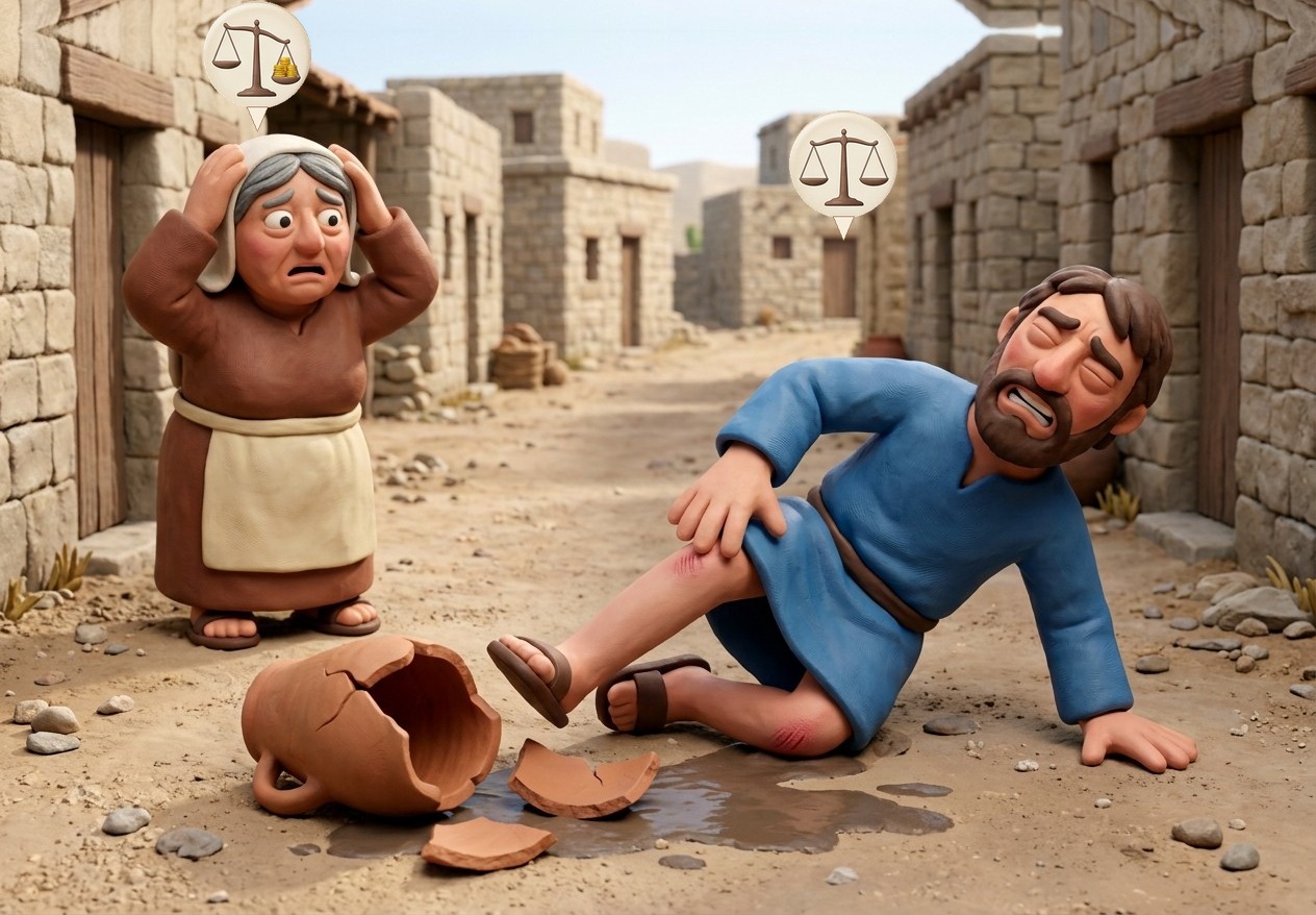 The man tripped over the jug and broke it: he pays nothing for the jug. He was hurt: the owner of the jug pays for his injury.