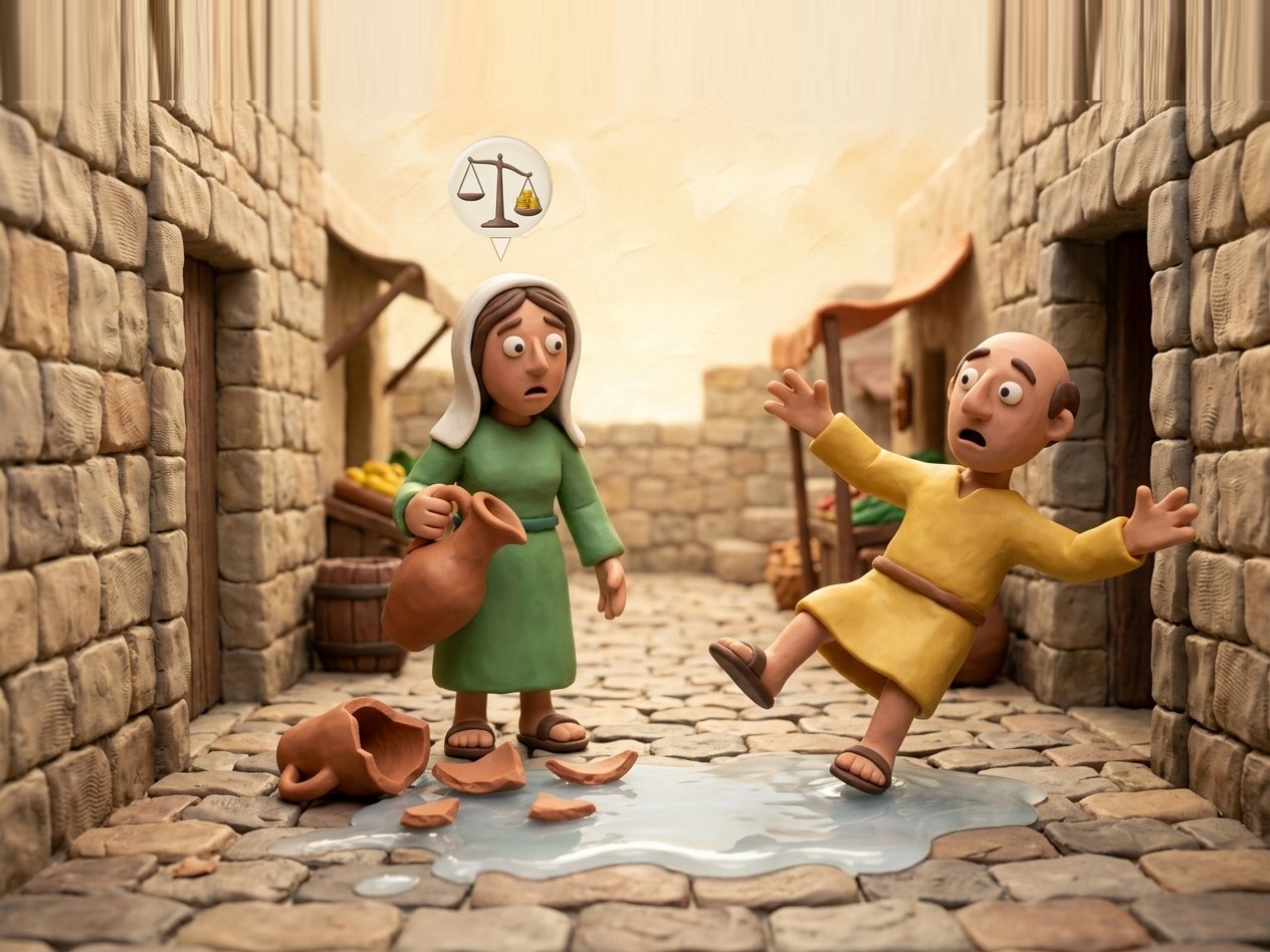 Her jug broke in the street and a man slipped on the water: she is liable (the first view; Rabbi Judah says only if she broke it on purpose).