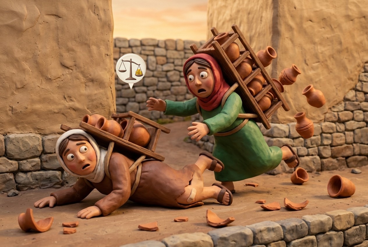 The first pot-seller tripped and the second fell on her: the first pays for the injury to the second.