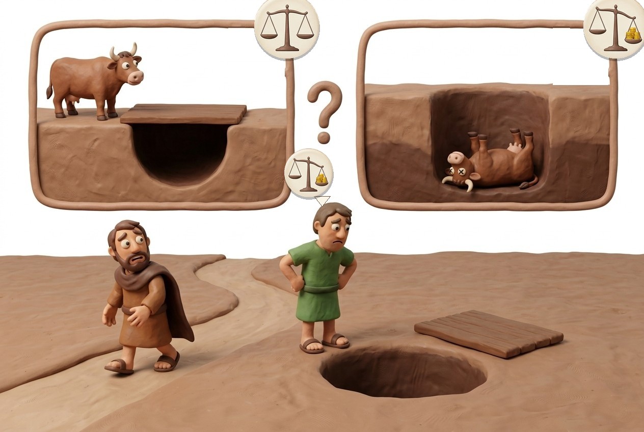 Left box: a properly covered pit, no payment. Right box: the open pit, the ox died. The tag over the second partner marks the one who pays.