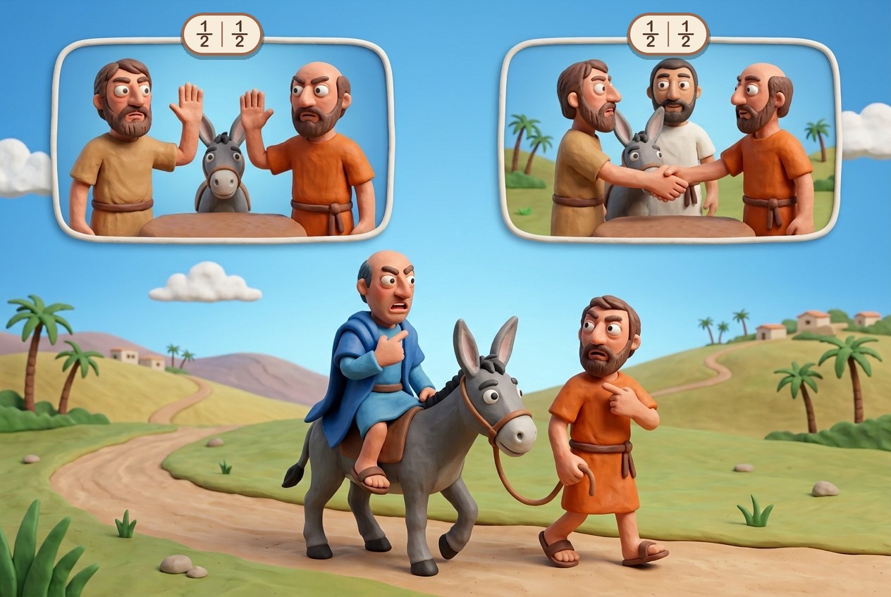 Two men, one donkey, both claiming it. Left: they swear. Right: they agree, with a witness, and no oath is needed. Either way they split it half and half.