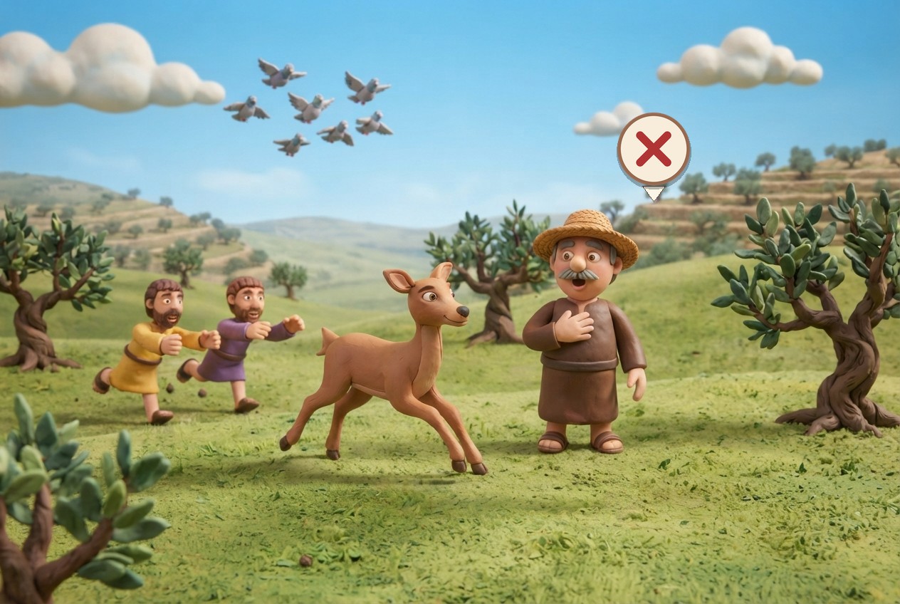 A healthy deer runs away from its chasers and the pigeons fly: the field cannot acquire them.