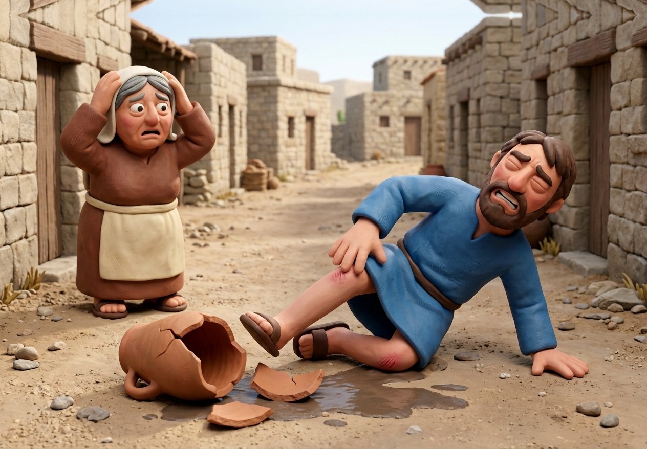 The man tripped over the jug and broke it: he pays nothing for the jug. He was hurt: the owner of the jug pays for his injury.