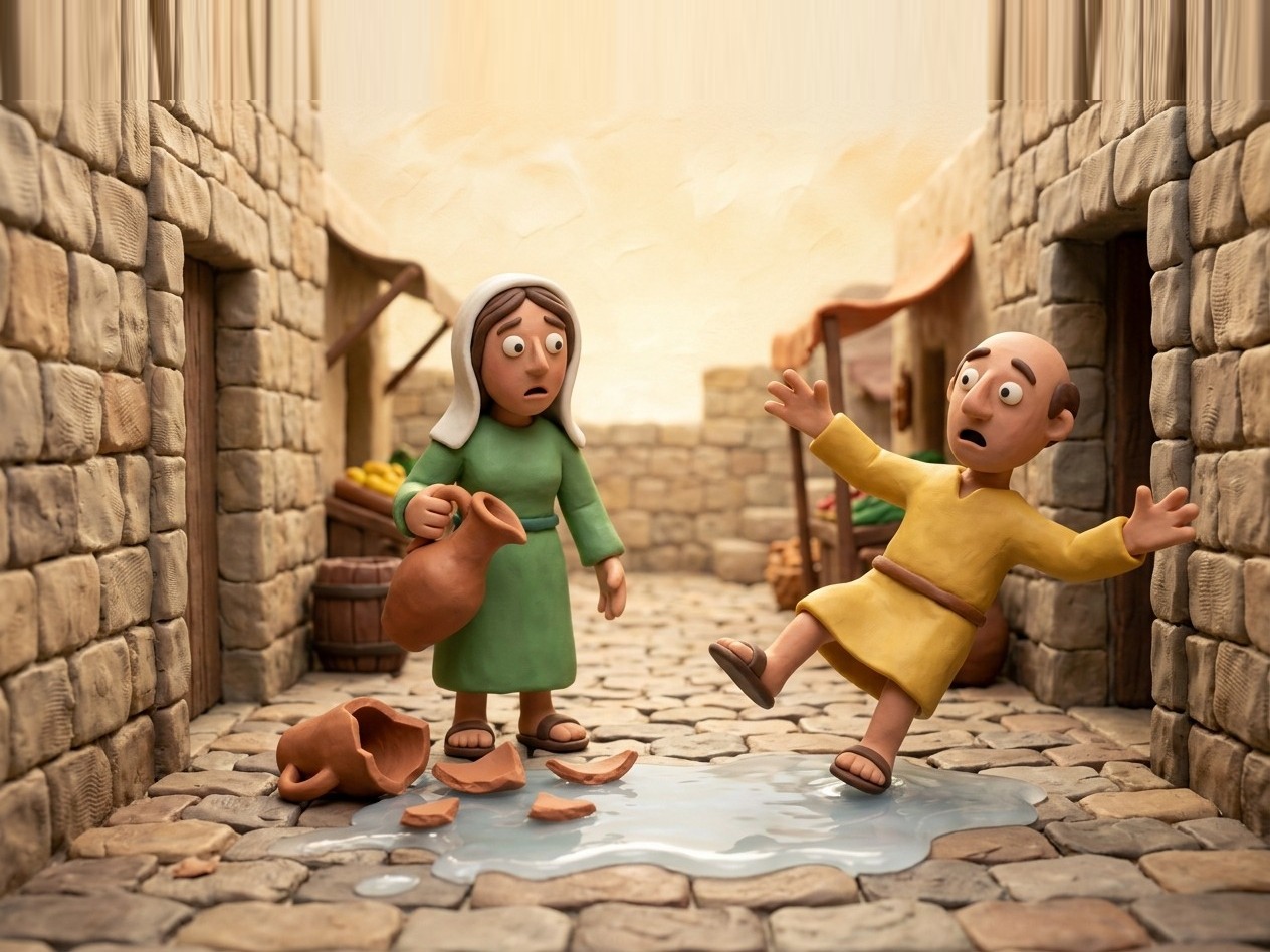Her jug broke in the street and a man slipped on the water: she is liable (the first view; Rabbi Judah says only if she broke it on purpose).