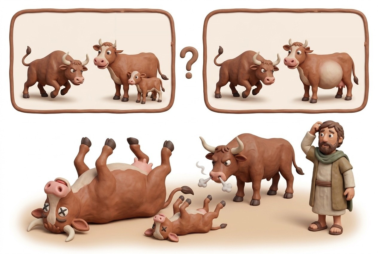 The ox gored the cow, and her calf is found dead beside her. Did she give birth before or after? The ox's owner pays half for the cow and a quarter for the calf.