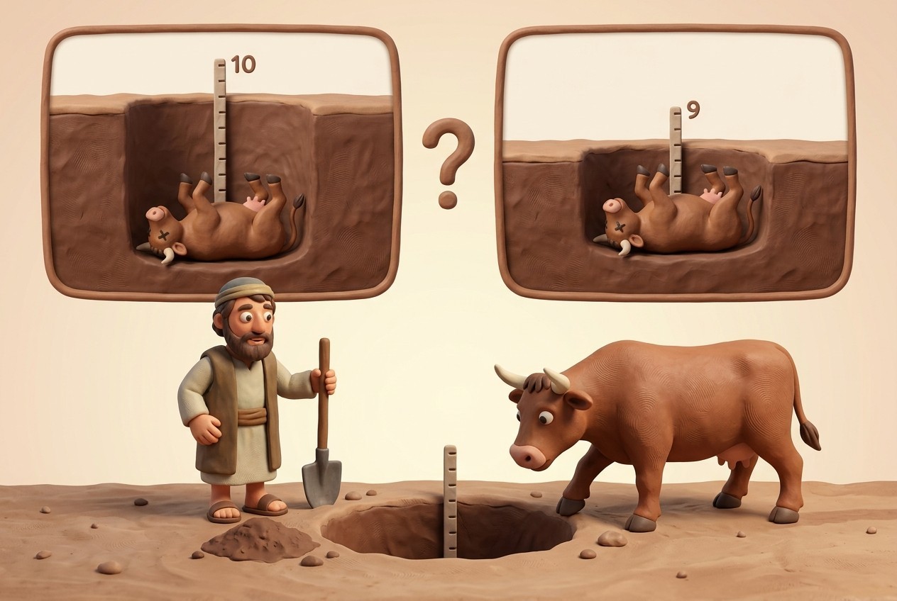 Left box: a ten-handbreadth pit, the ox died: he pays. Right box: nine handbreadths, the ox died: he does not pay.