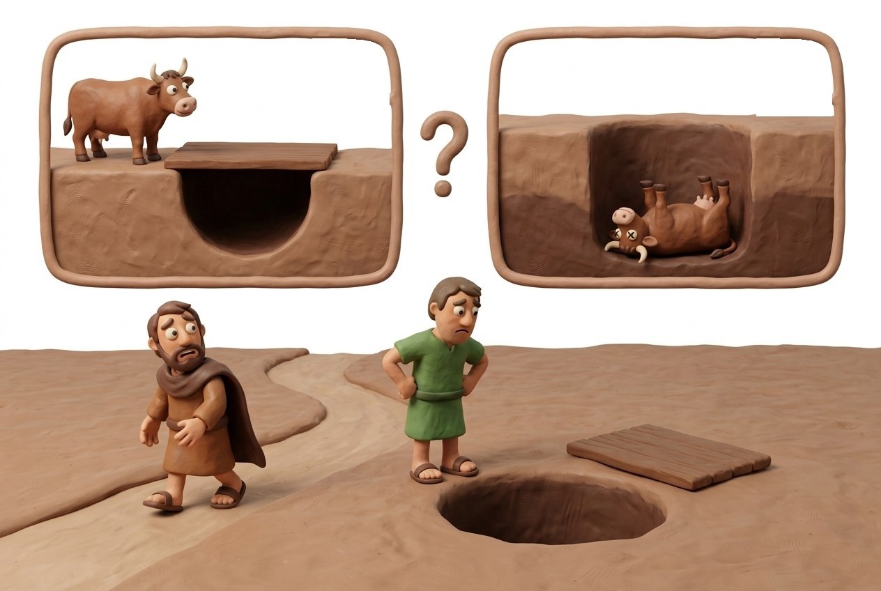 Left box: a properly covered pit, no payment. Right box: the open pit, the ox died. The tag over the second partner marks the one who pays.