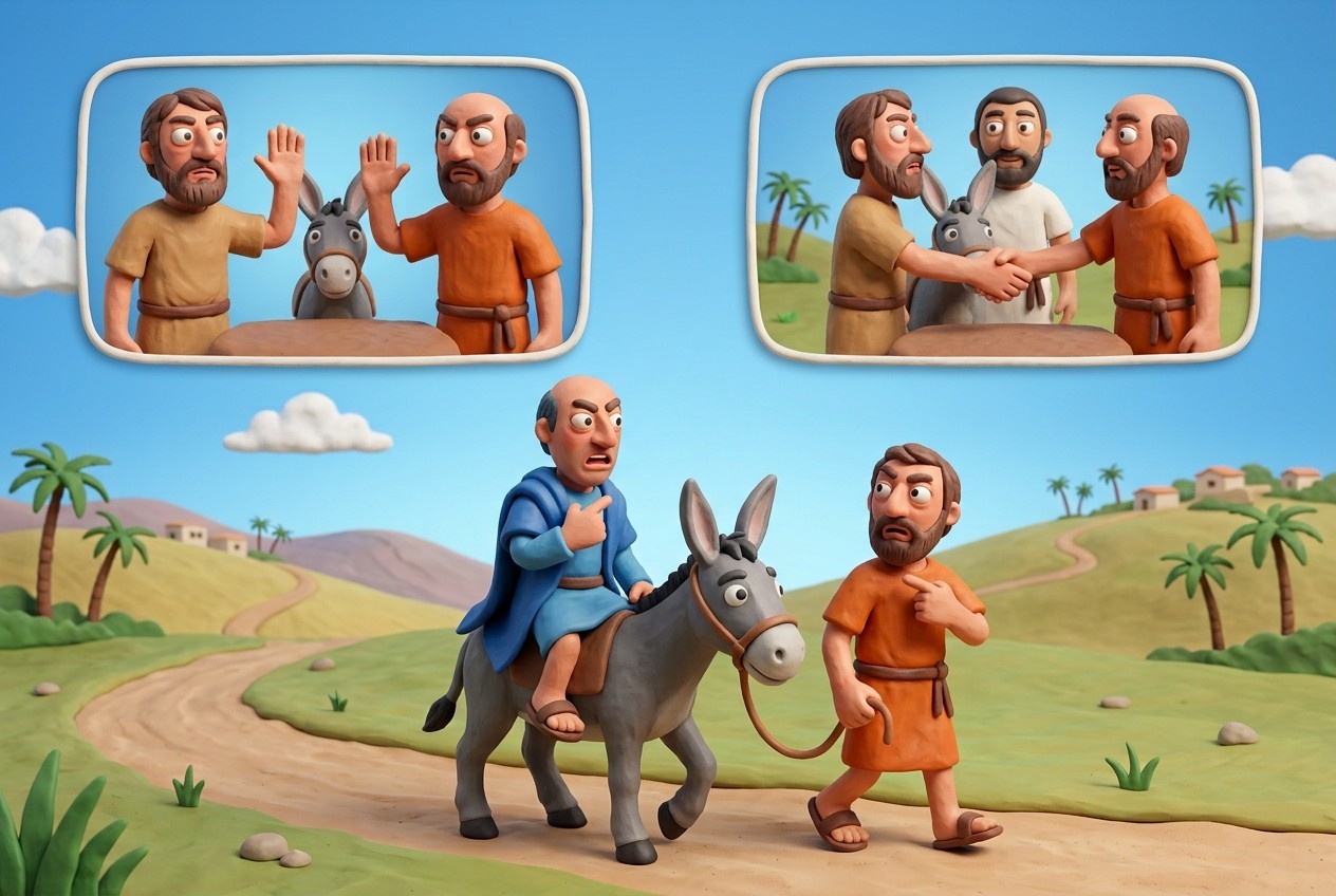 Two men, one donkey, both claiming it. Left: they swear. Right: they agree, with a witness, and no oath is needed. Either way they split it half and half.