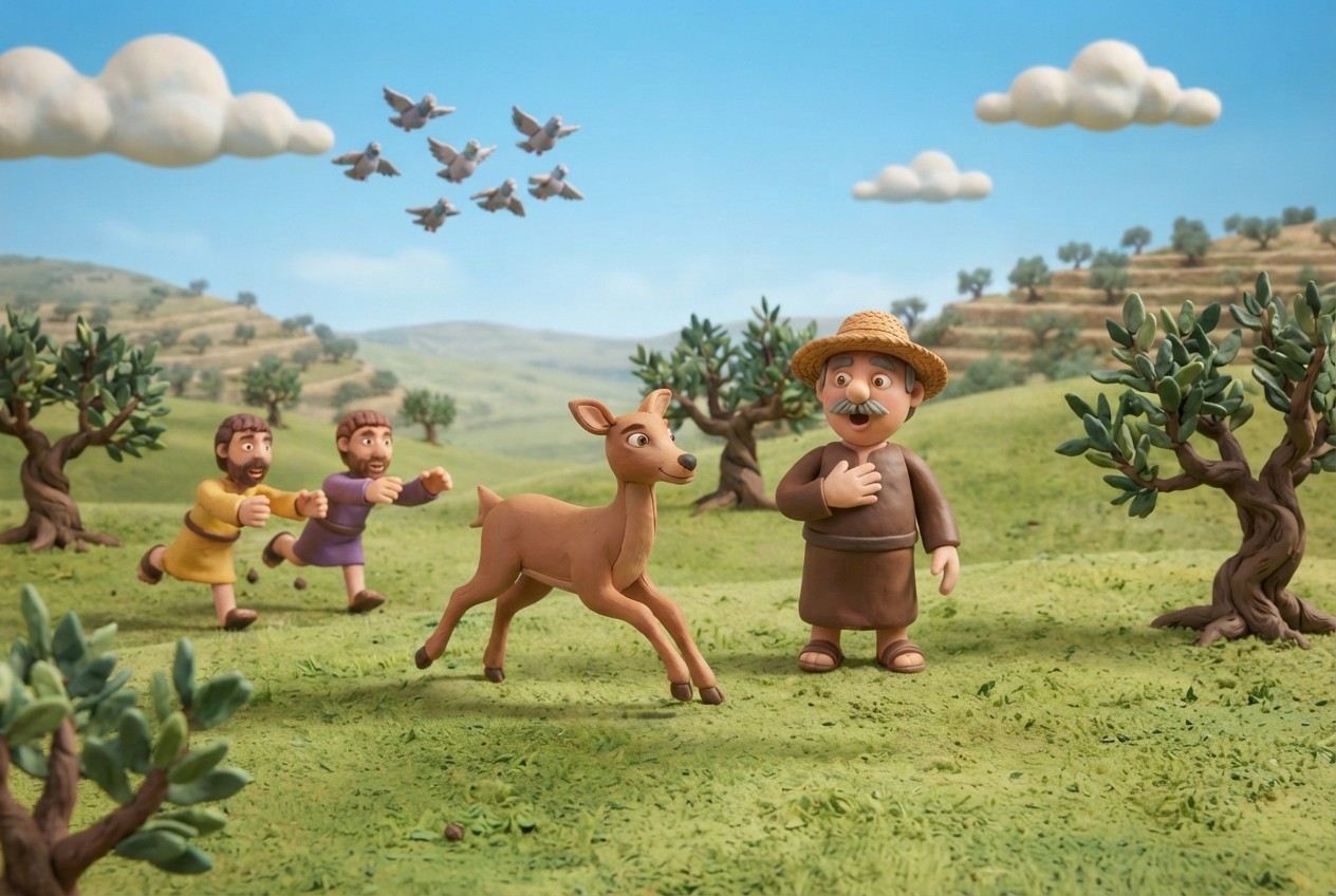 A healthy deer runs away from its chasers and the pigeons fly: the field cannot acquire them.