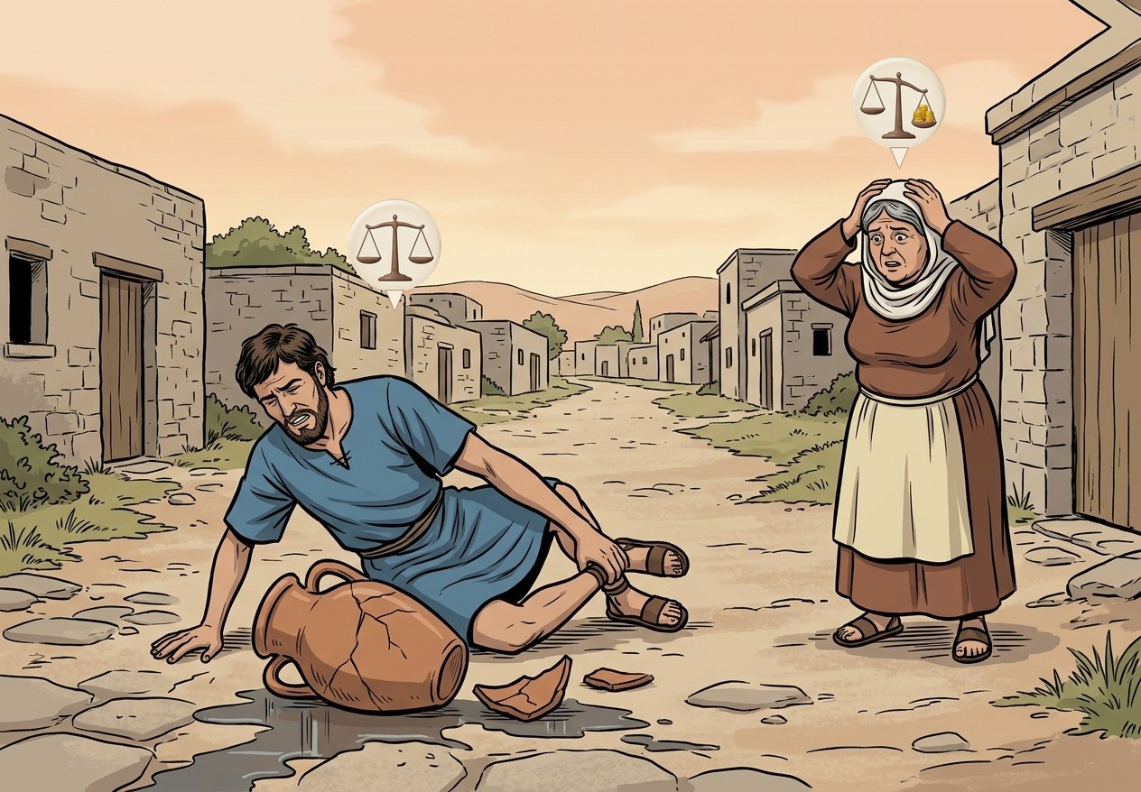The man tripped over the jug and broke it: he pays nothing for the jug. He was hurt: the owner of the jug pays for his injury.