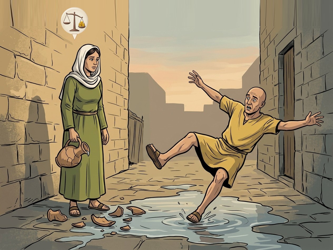 Her jug broke in the street and a man slipped on the water: she is liable (the first view; Rabbi Judah says only if she broke it on purpose).