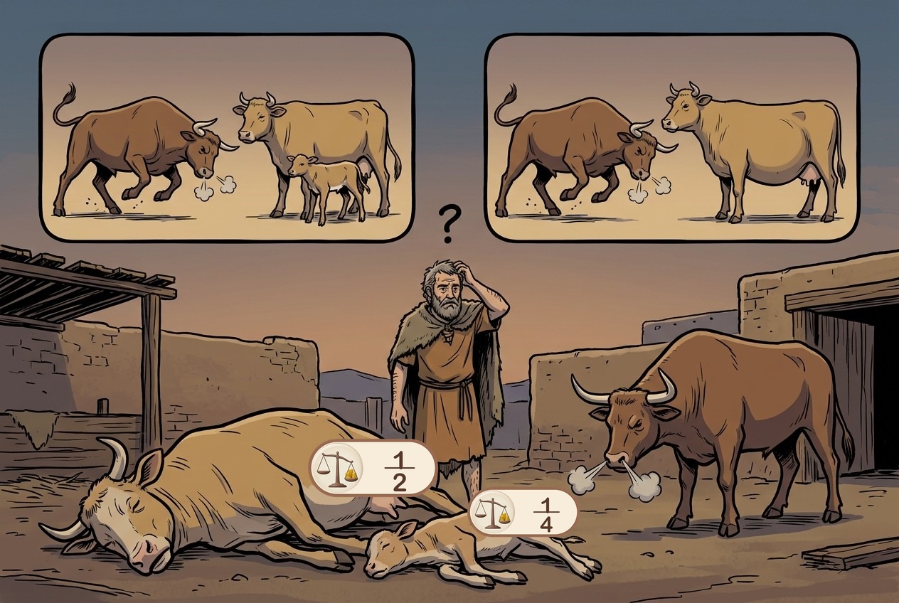 The ox gored the cow, and her calf is found dead beside her. Did she give birth before or after? The ox's owner pays half for the cow and a quarter for the calf.