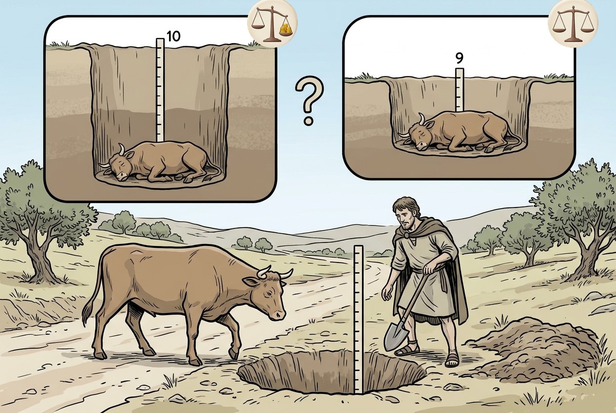 Left box: a ten-handbreadth pit, the ox died: he pays. Right box: nine handbreadths, the ox died: he does not pay.