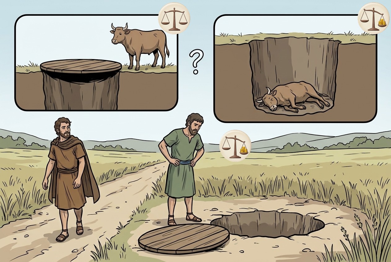 Left box: a properly covered pit, no payment. Right box: the open pit, the ox died. The tag over the second partner marks the one who pays.