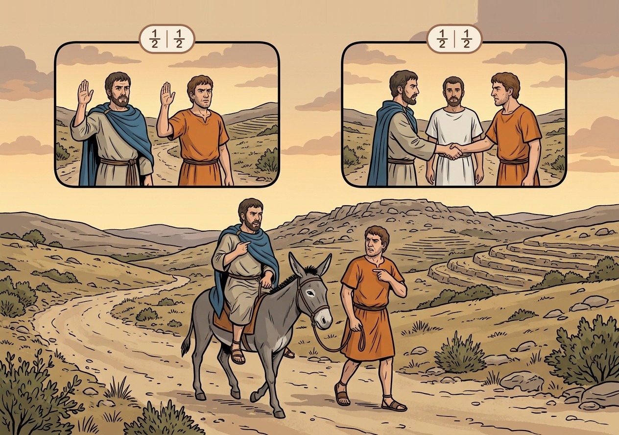 Two men, one donkey, both claiming it. Left: they swear. Right: they agree, with a witness, and no oath is needed. Either way they split it half and half.