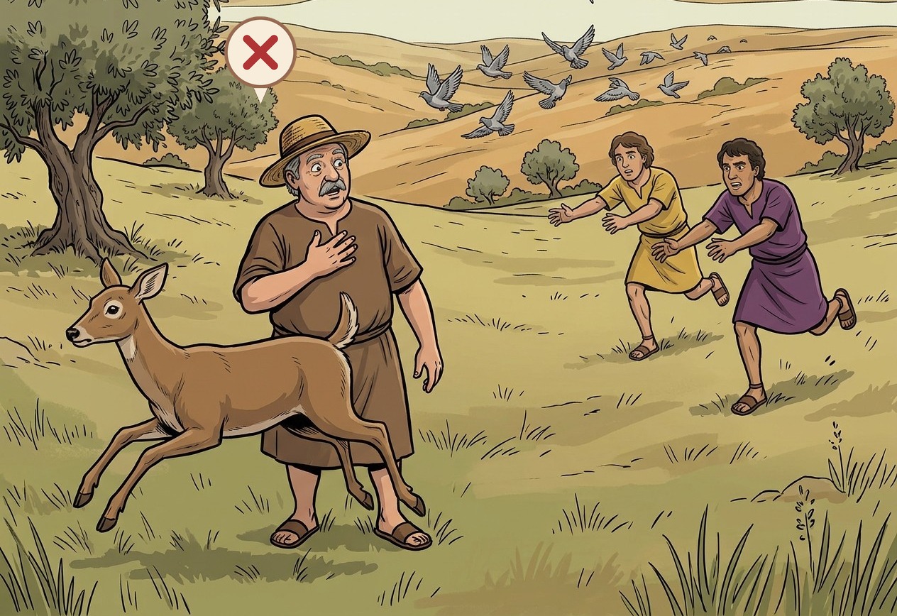 A healthy deer runs away from its chasers and the pigeons fly: the field cannot acquire them.