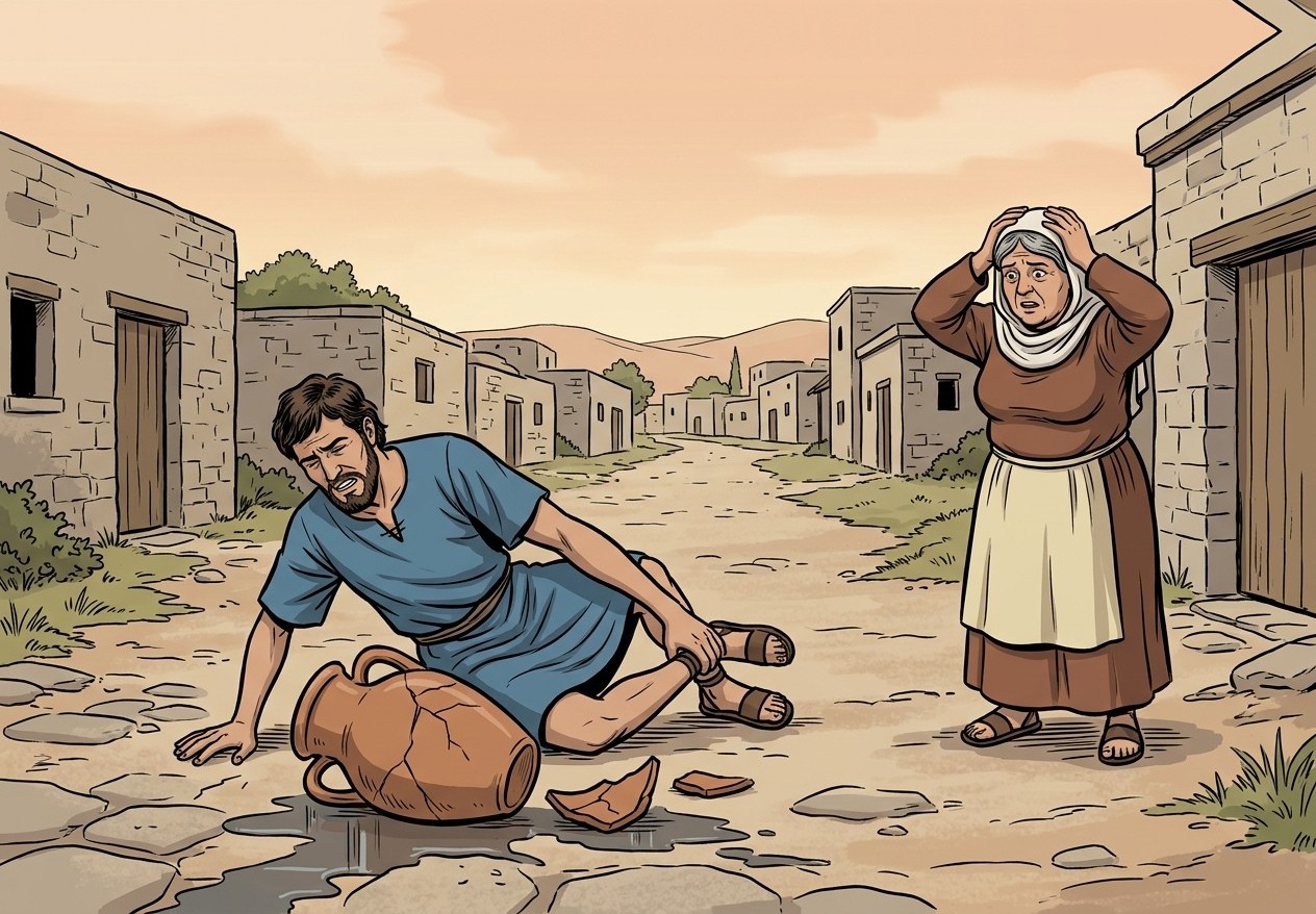 The man tripped over the jug and broke it: he pays nothing for the jug. He was hurt: the owner of the jug pays for his injury.