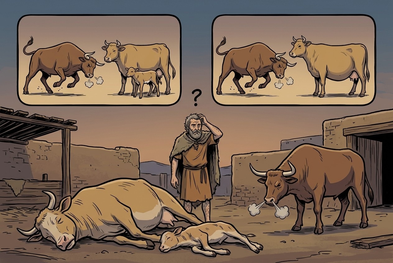 The ox gored the cow, and her calf is found dead beside her. Did she give birth before or after? The ox's owner pays half for the cow and a quarter for the calf.