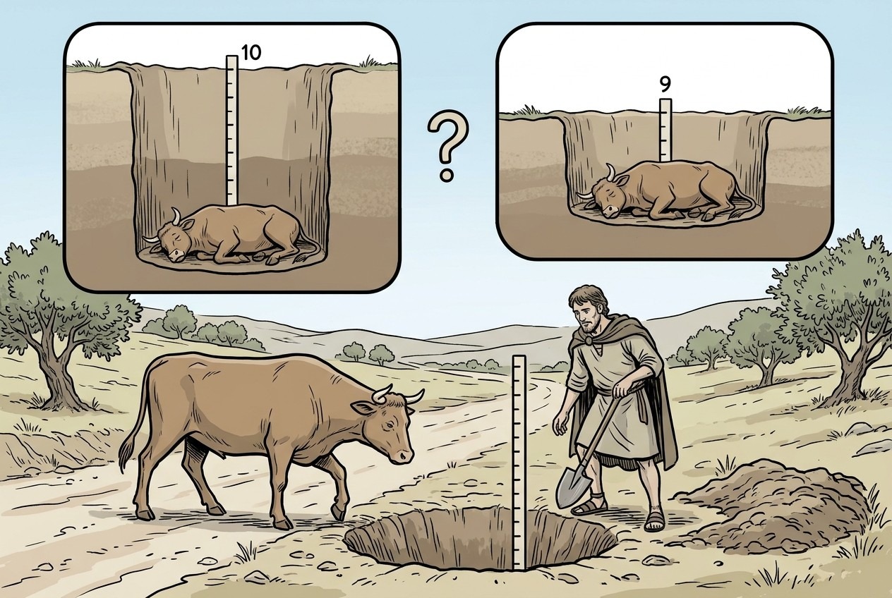 Left box: a ten-handbreadth pit, the ox died: he pays. Right box: nine handbreadths, the ox died: he does not pay.