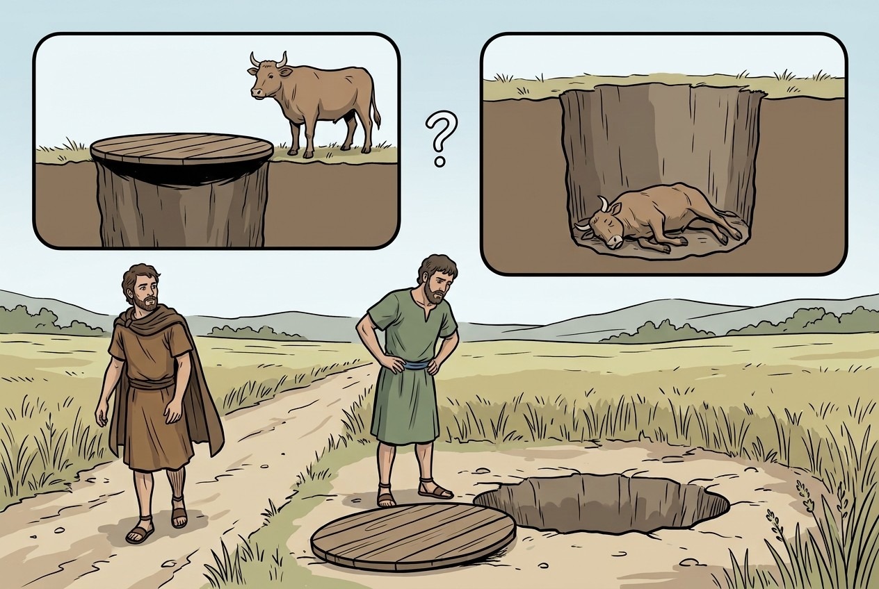 Left box: a properly covered pit, no payment. Right box: the open pit, the ox died. The tag over the second partner marks the one who pays.