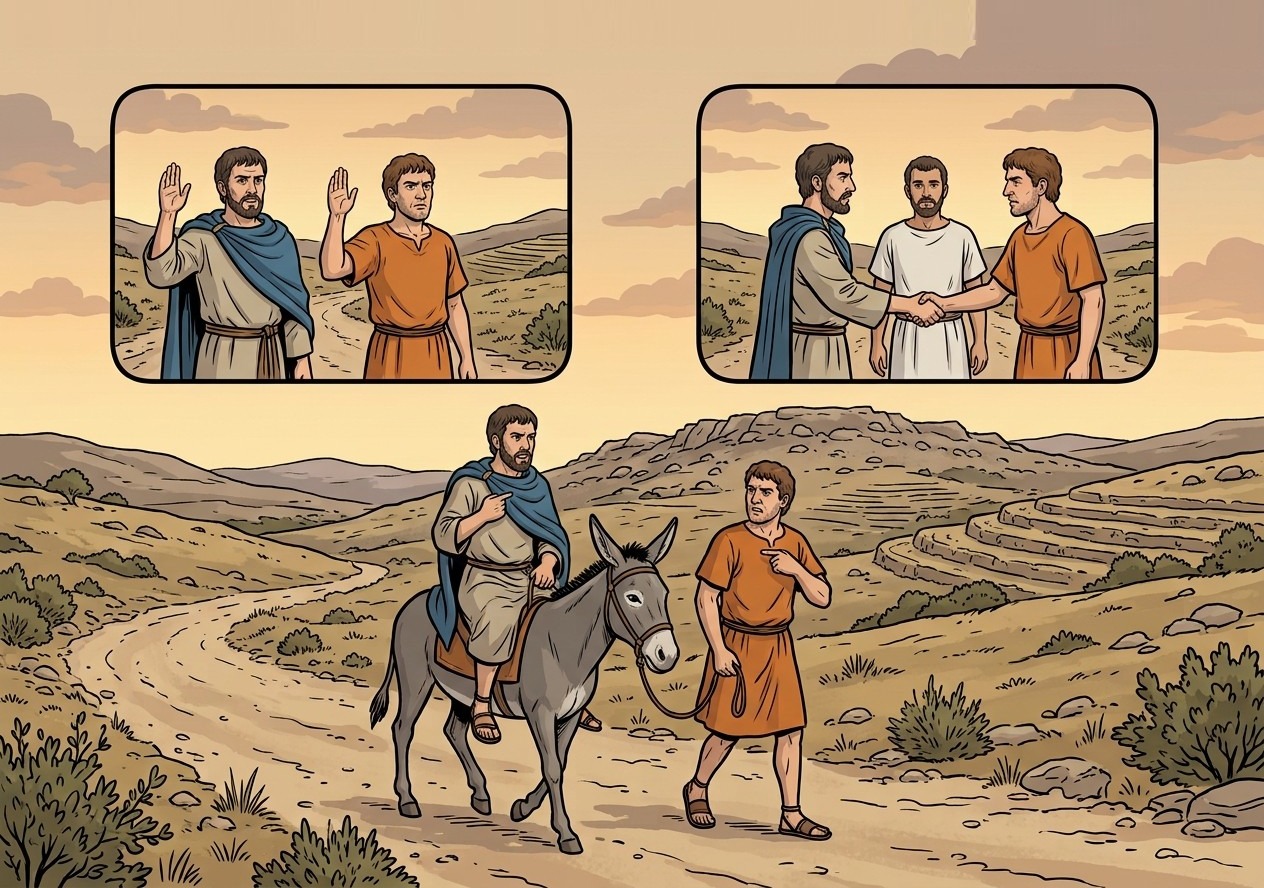 Two men, one donkey, both claiming it. Left: they swear. Right: they agree, with a witness, and no oath is needed. Either way they split it half and half.