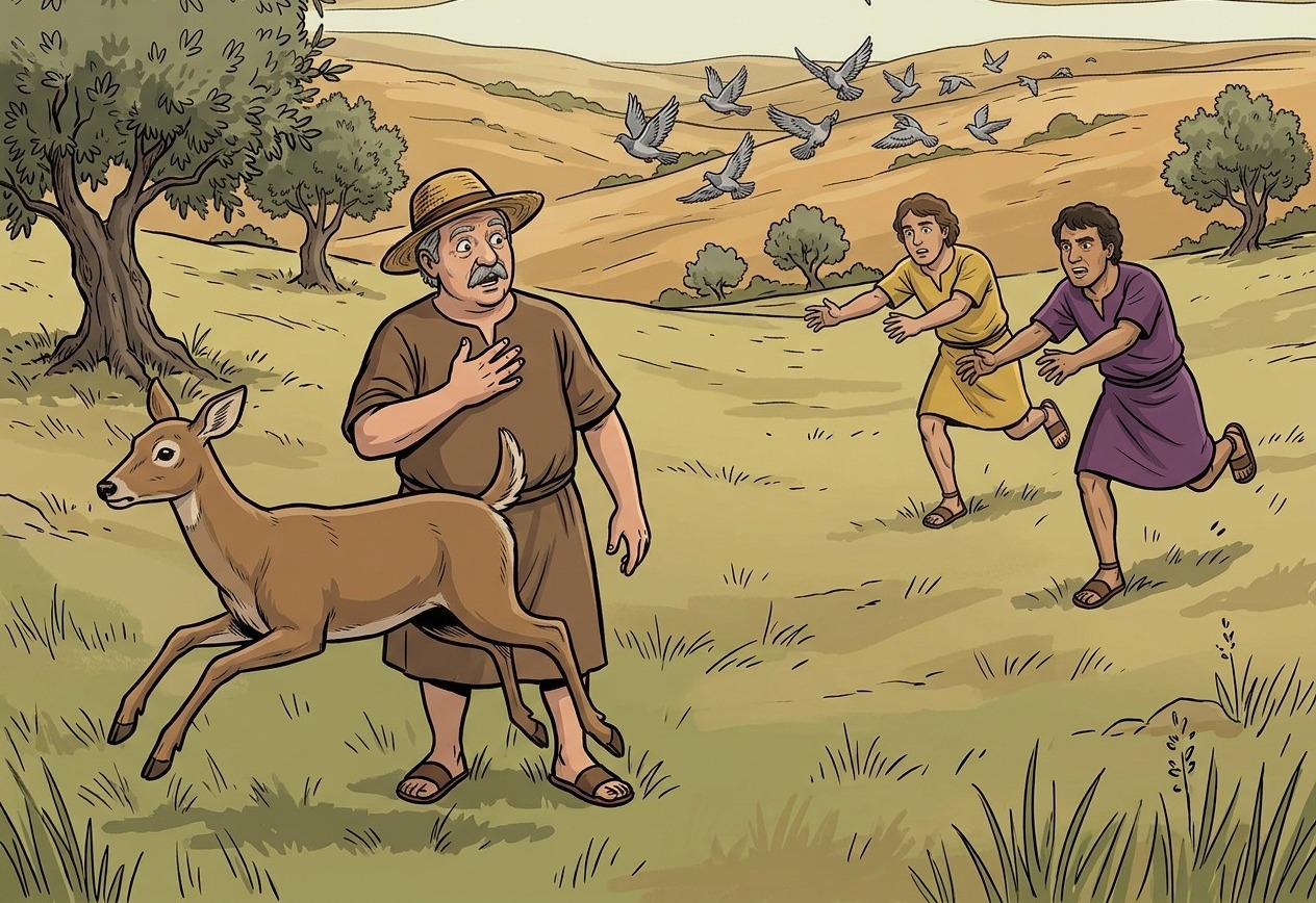 A healthy deer runs away from its chasers and the pigeons fly: the field cannot acquire them.